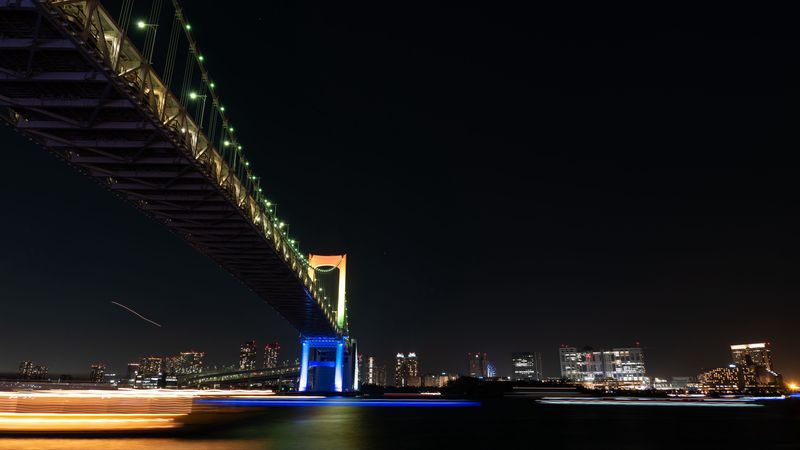 bridge, water, night city, buildings, architecture, 4k