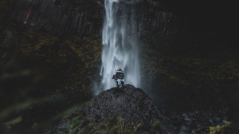 waterfall, human, rock, cliff, water, 4k