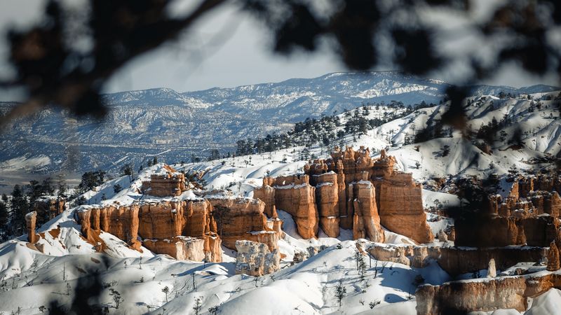 mountains, rocks, snow, winter, landscape, 4k