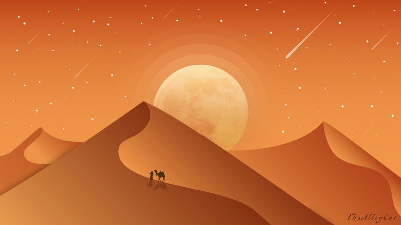 desert, dunes, camel, night, art, vector, 4k