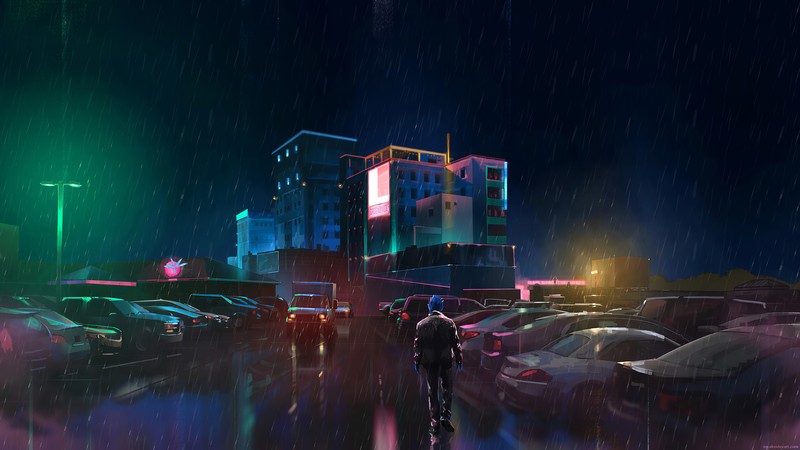 neon, rain, alone, artist, artwork, digital art, hd, 4k, artstation