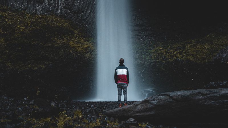 waterfall, man, water, rock, stones, 4k