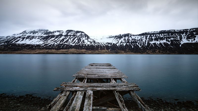 lake, pier, mountains, snowy, shore, landscape, 4k