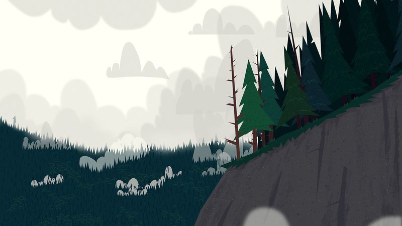 forest, trees, spruce, cliff, clouds, art, 4k