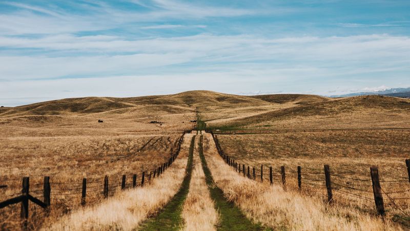 road, hills, fields, fence, landscape, 4k
