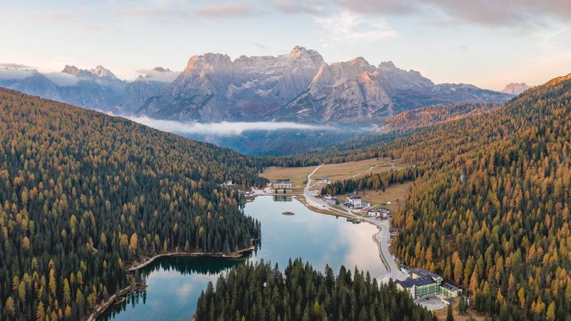 lake, mountains, forest, aerial view, landscape, 4k