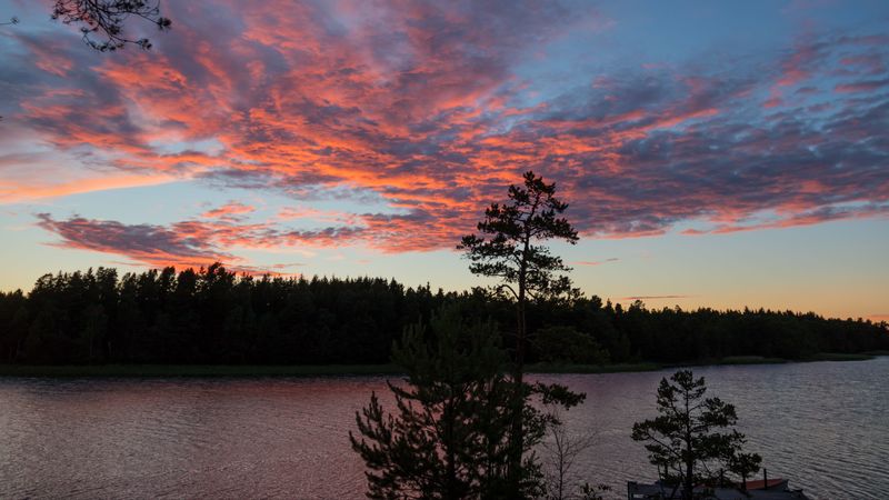 river, shore, trees, clouds, dusk, 4k