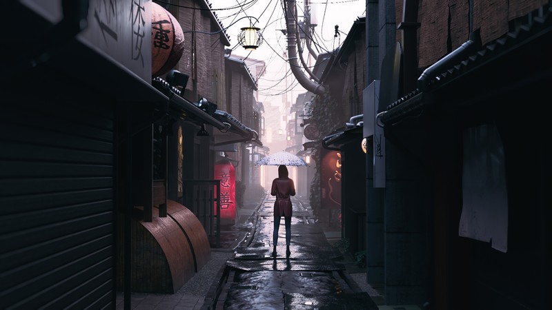street, alone, umbrella, artist, artwork, digital art, hd, 4k, artstation