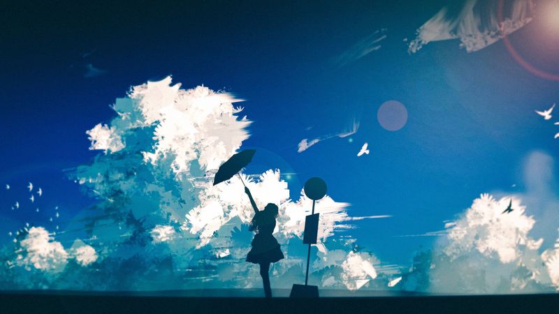 silhouette, girl, umbrella, clouds, art, 4k