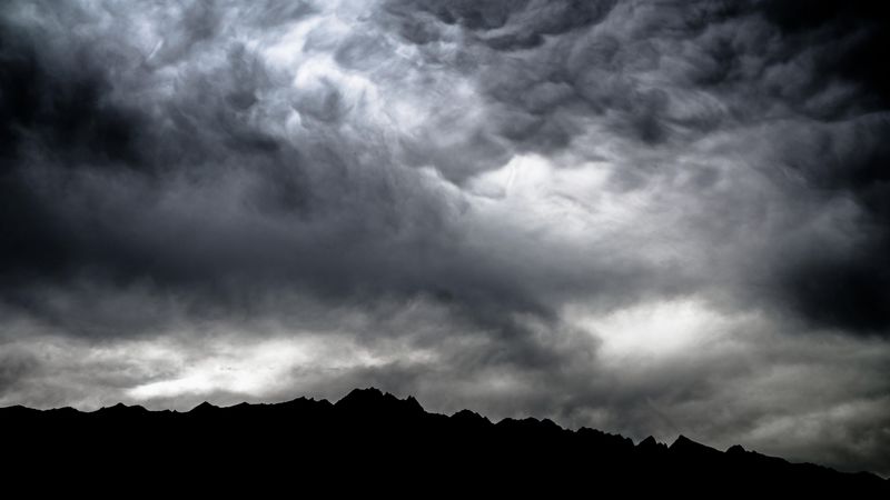 mountains, clouds, dark, dusk, storm, 4k