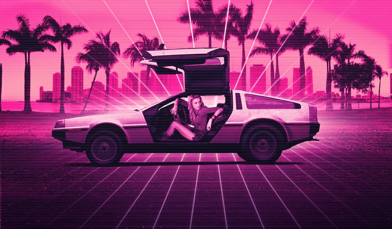 delorean, retrowave, cars, artist, artwork, digital art, hd, amber heard, 4k
