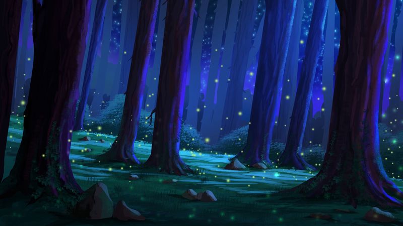 forest, trees, glare, glow, art, 4k