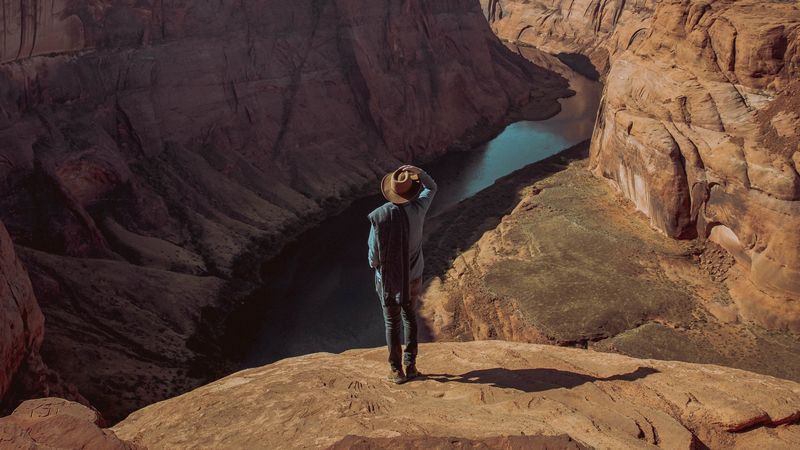 canyon, man, cliff, river, view, 4k