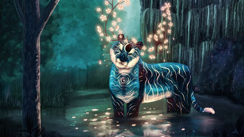 creature, tiger, horns, fantasy, glow, 4k