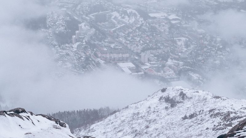 mountains, city, aerial view, fog, snow, clouds, 4k