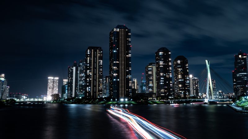 night city, buildings, skyscrapers, coast, lights, long exposure, 4k