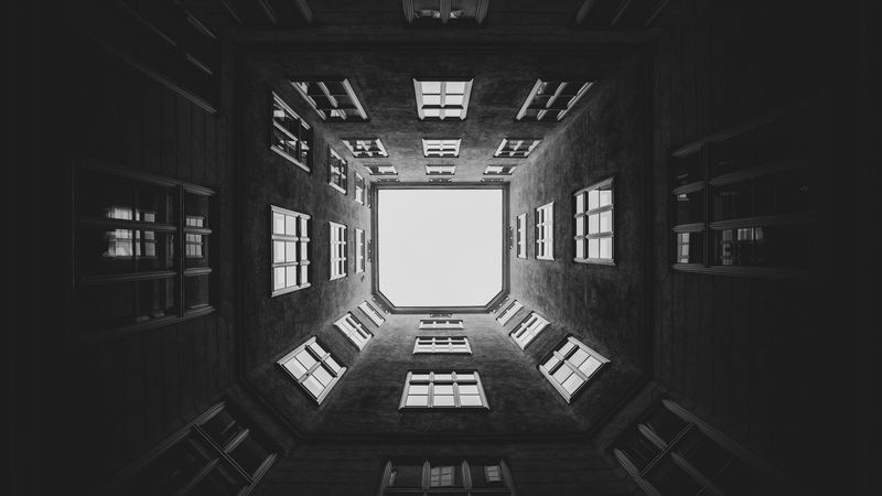 building, tunnel, bw, architecture, 4k