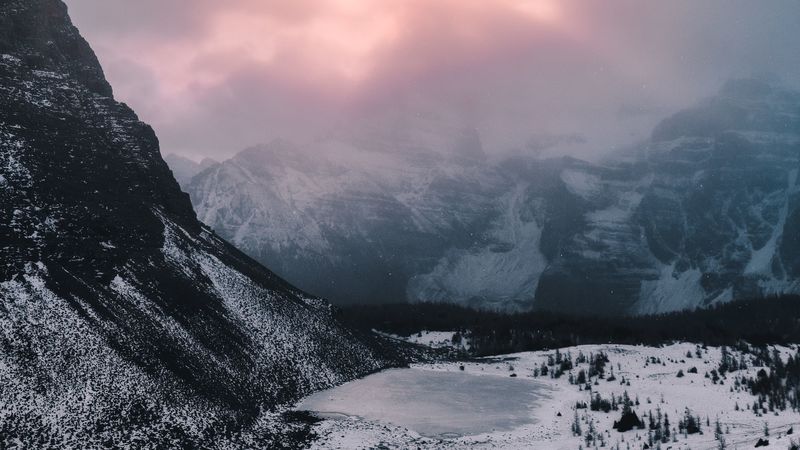 mountains, valley, snow, clouds, snowy, landscape, 4k