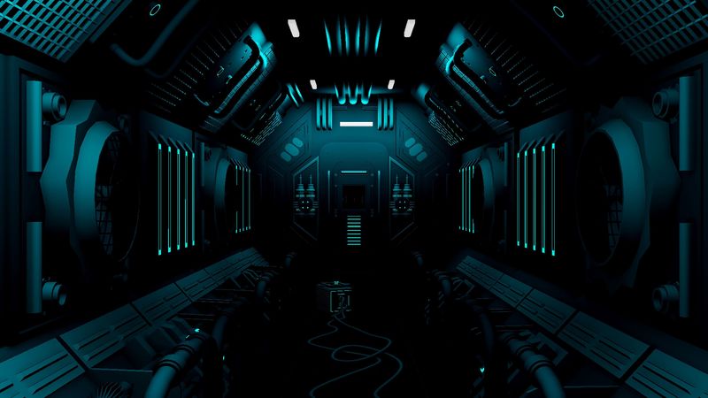 corridor, dark, station, sci-fi, art, 4k