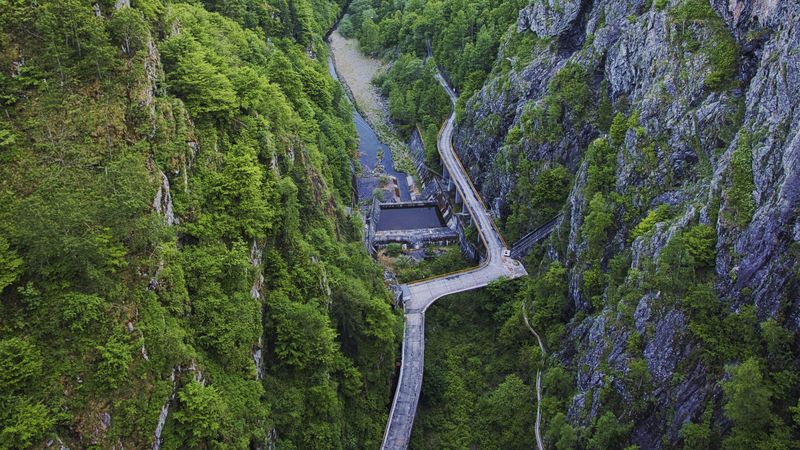 mountains, valley, aerial view, road, river, 4k