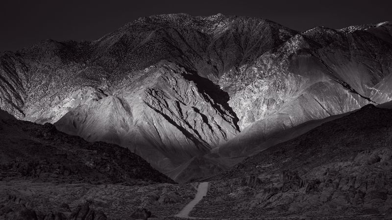mountains, road, bw, hills, landscape, 4k