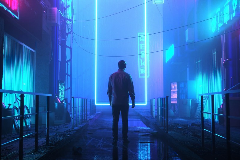 neon, door, artist, artwork, digital art, hd, 4k