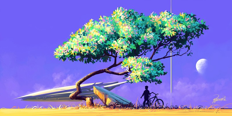 bicycle, tree, artist, artwork, digital art, hd, 4k, deviantart