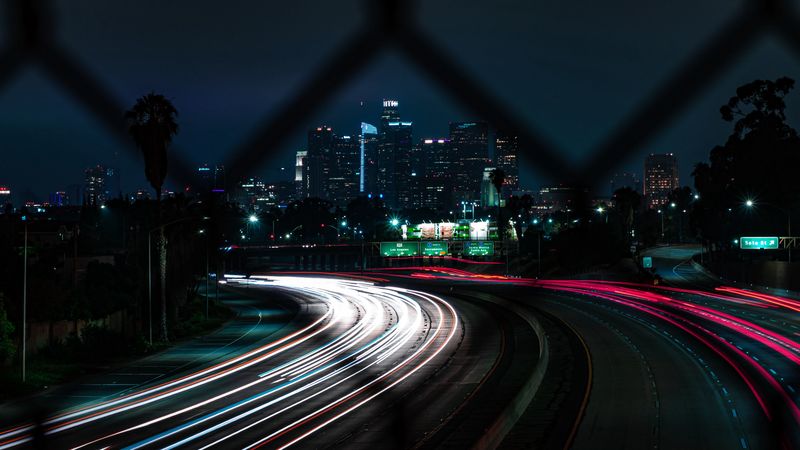road, turn, night city, buildings, lights, long exposure, 4k