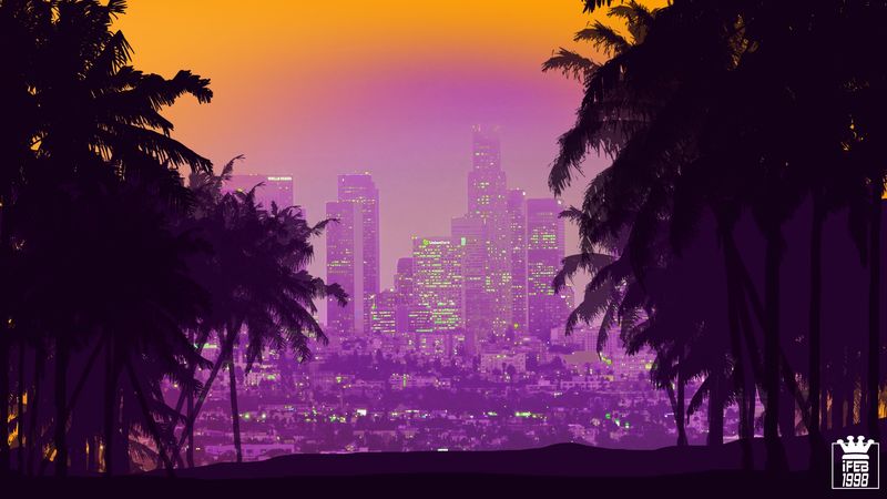 city, buildings, skyscrapers, palm trees, art, 4k