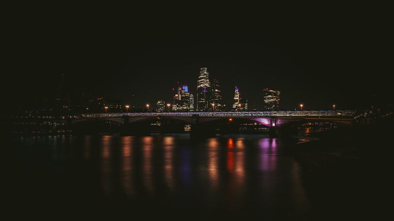night city, buildings, bridge, dark, water, reflection, 4k