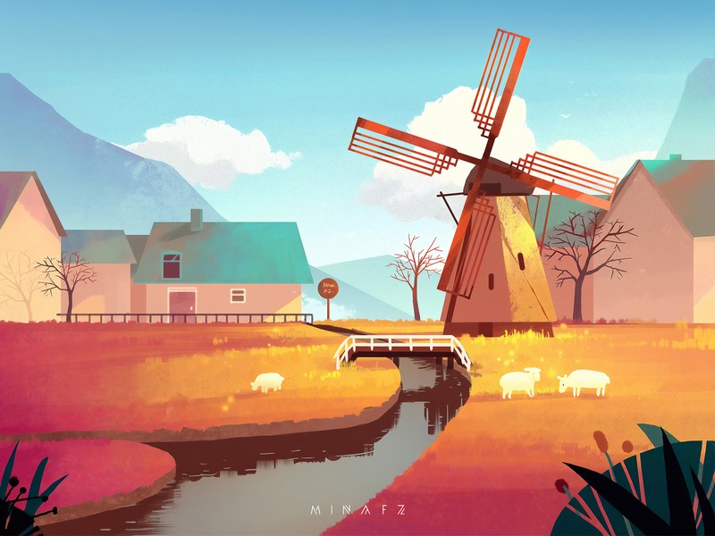 windmill, artist, artwork, digital art, hd, 4k
