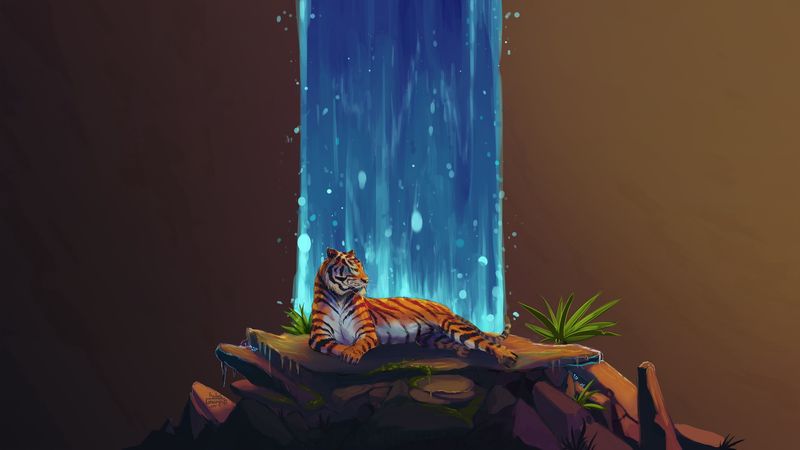tiger, waterfall, stones, water, art, 4k