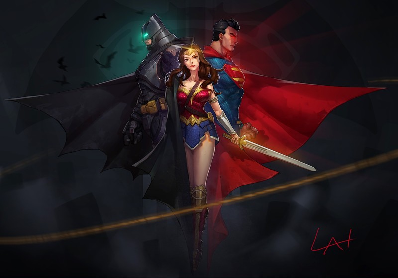 batman, superman, wonder woman, hd, superheroes, pixiv, artwork