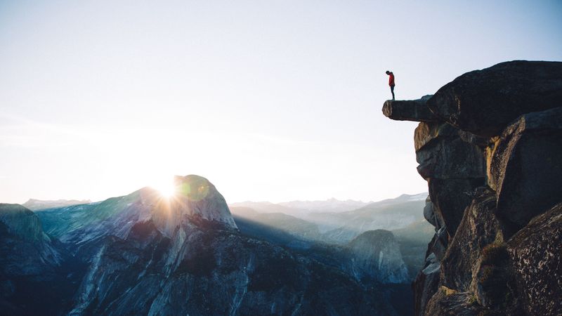 cliff, rock, man, mountains, height, 4k