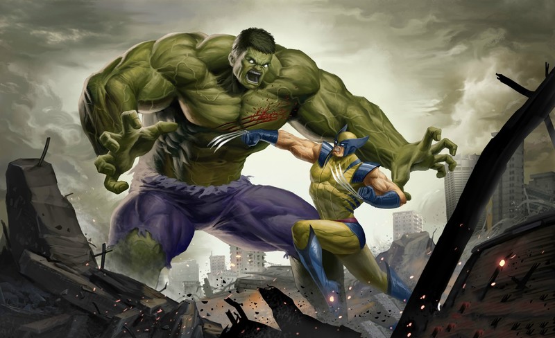 hulk, wolverine, hd, 4k, superheroes, artwork, pixiv