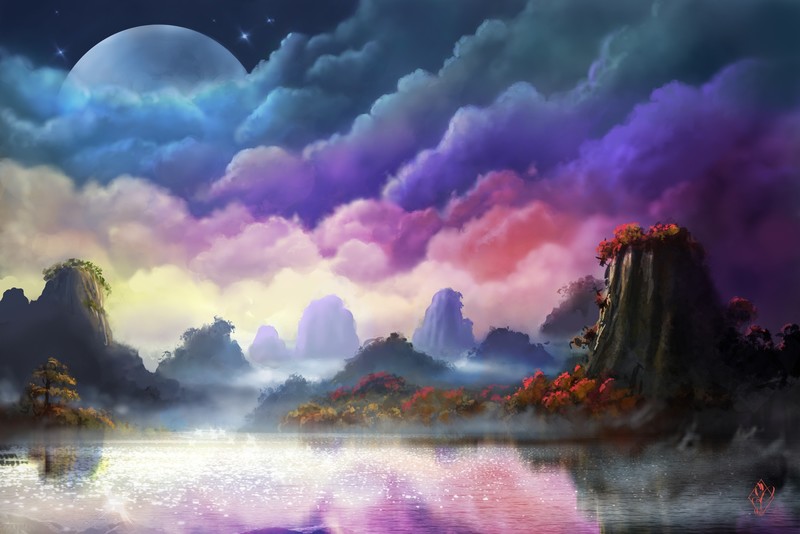 moon, colorful, landscape, sky, artist, artwork, digital art, hd
