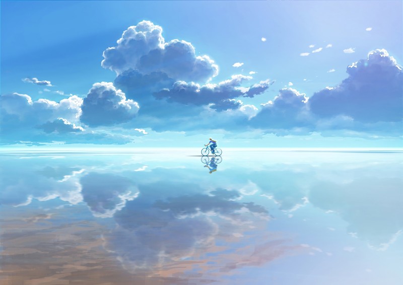 anime, clouds, artist, artwork, digital art, hd, bicycle, reflection