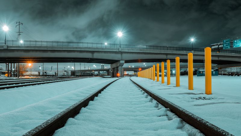 rails, railway, snow, bridge, winter, 4k