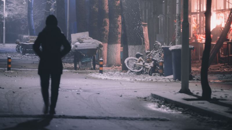 silhouette, street, night, snow, 4k