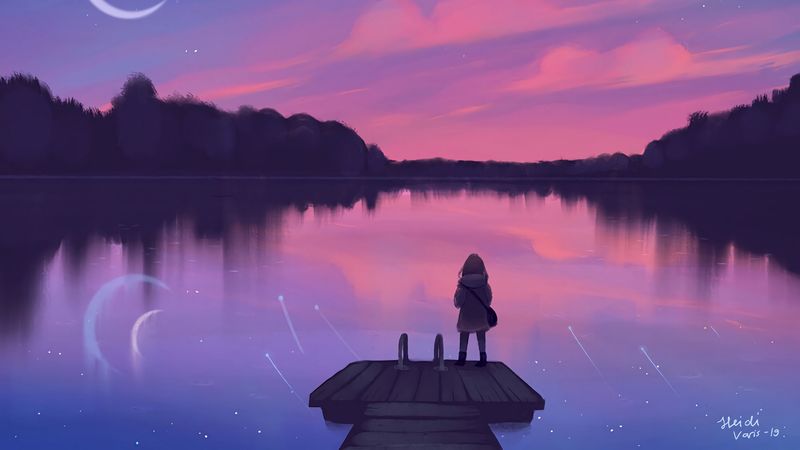 lake, pier, silhouette, night, loneliness, art, 4k