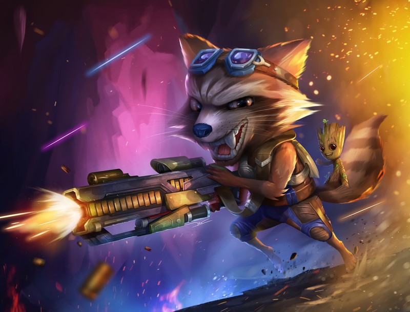 rocket raccoon, baby groot, hd, 4k, artwork, digital art