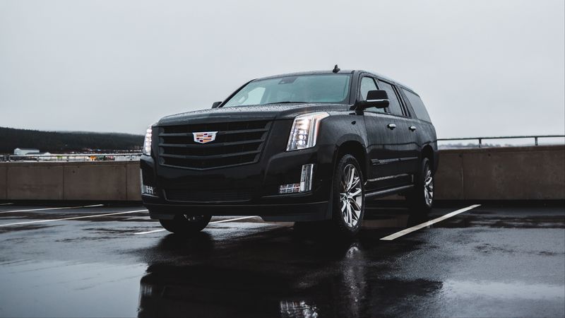 cadillac escalade, cadillac, car, suv, black, wet, 4k