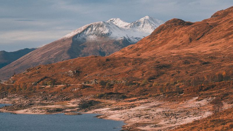 mountains, lake, shore, slope, landscape, 4k