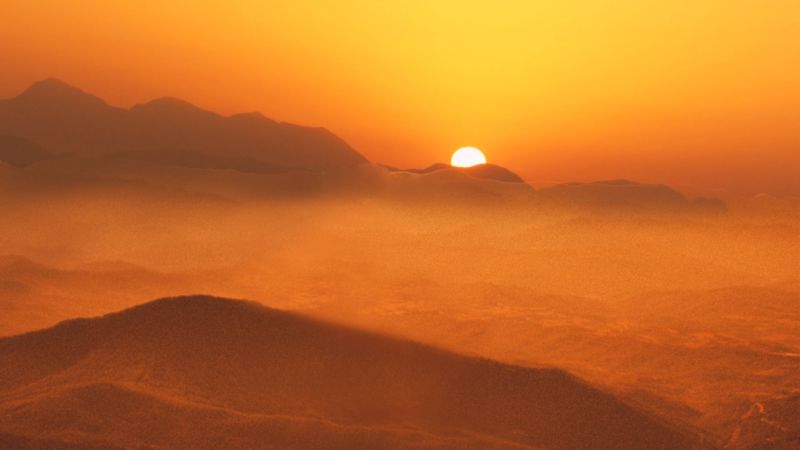 mountains, sunset, fog, dusk, nature, 4k