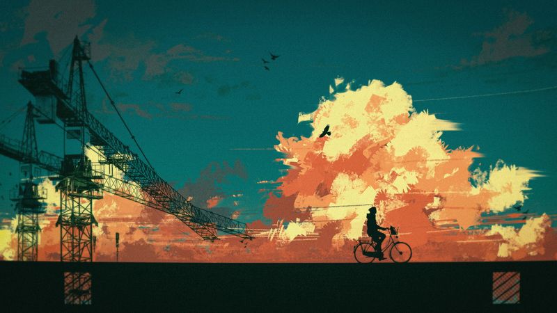 cyclist, silhouette, bicycle, clouds, art, 4k