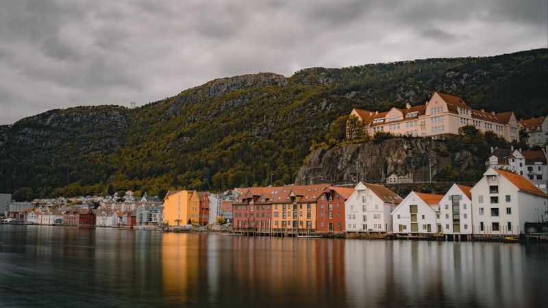 buildings, coast, cliff, water, city, 4k