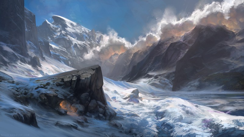 landscape, snow, mountains, nature, hd, artstation