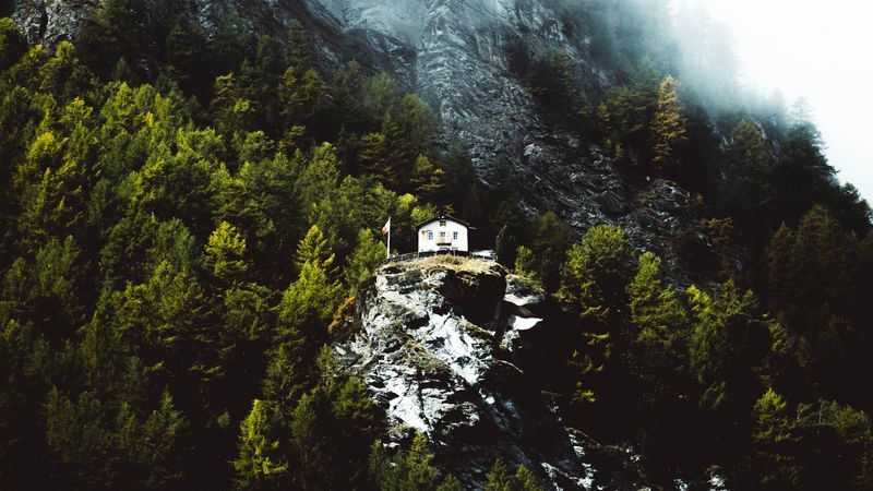 mountain, house, slope, rock, trees, 4k