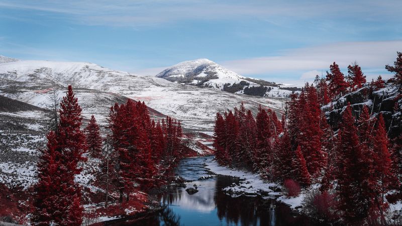 river, trees, mountains, hills, landscape, 4k