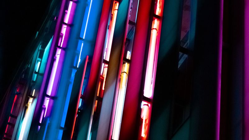 building, neon, signage, blur, dark, 4k